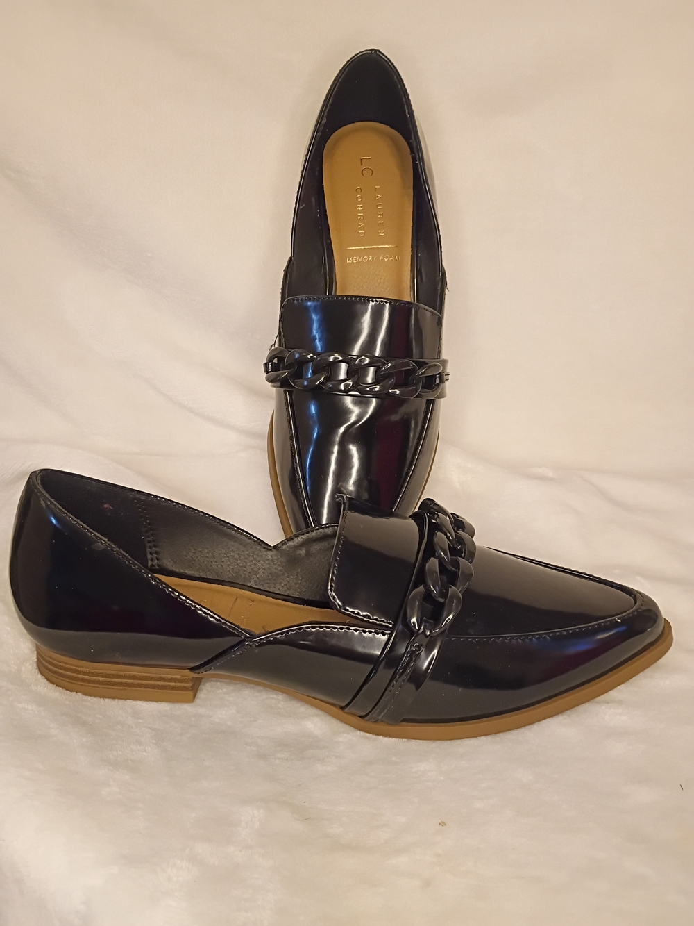 Black Patent Pointed Toe Chain Loafers - Picture 3 of 13